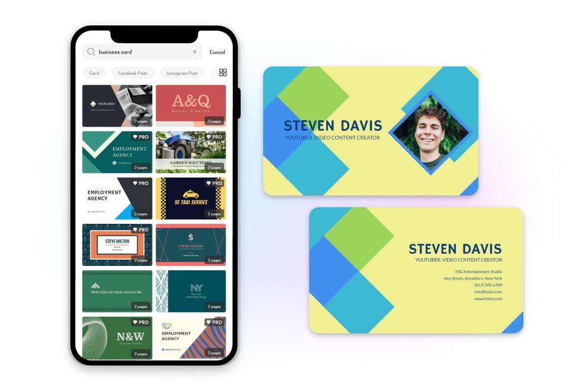 แอพสร้างนามบัตร Fotor มือถือพร้อมชุดนามบัตรสีเหลืองสีน้ำเงินและสีเขียว