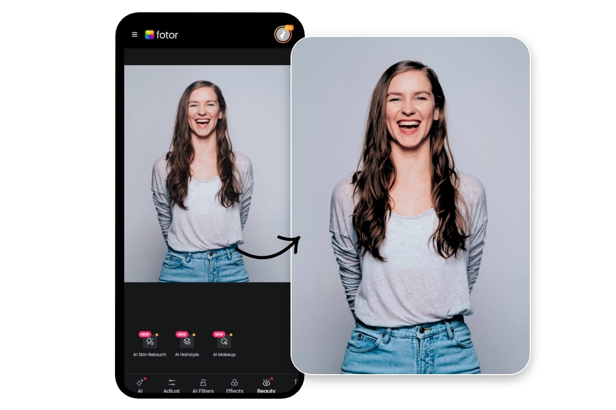 Fotor mobile photo retouching app to fine tune a photo of a lady wearing a blouse and jeans
