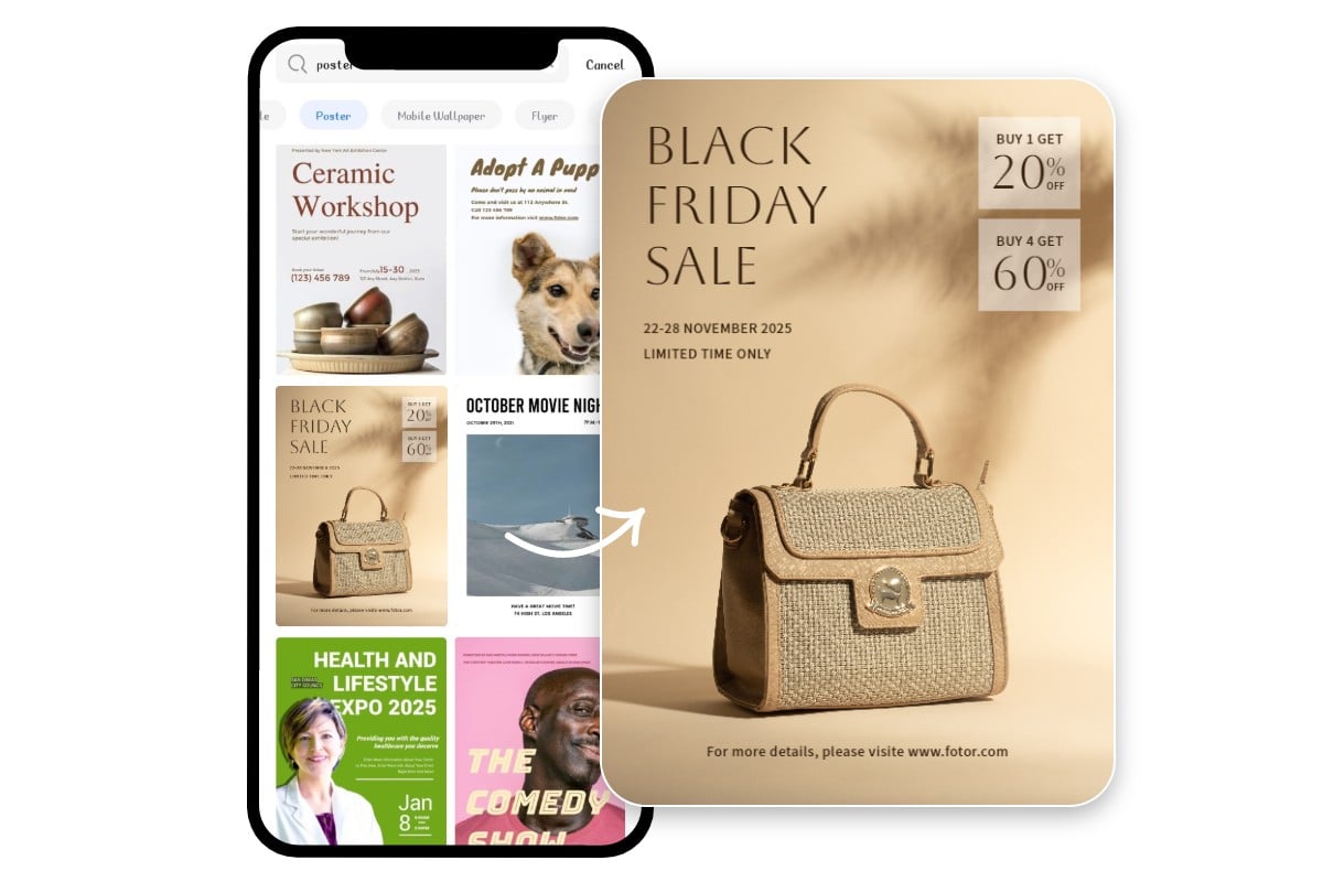 Fotor モバイル ポスター メーカー アプリとバッグ セールの茶色のポスター テンプレート