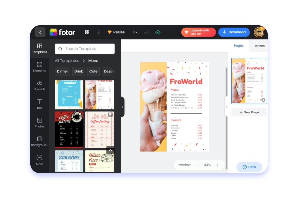 Fotor bietet zahlreiche Speisekarte-Vorlage zur Auswahl