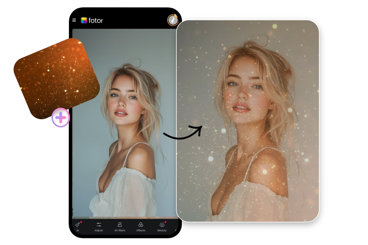 Fotor overlay image app to overlay images of glitters and a lady with long blond hair