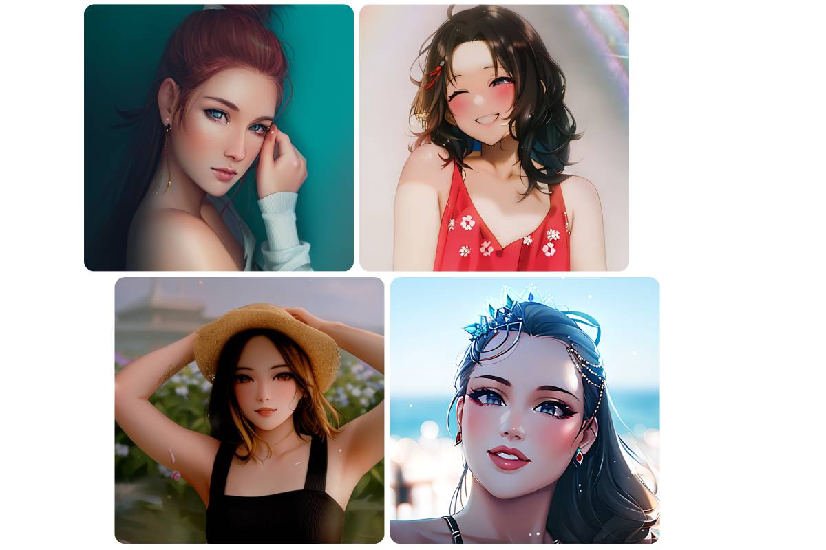 Vier weibliche Porträts mit AI Manga -Filter von Fotor