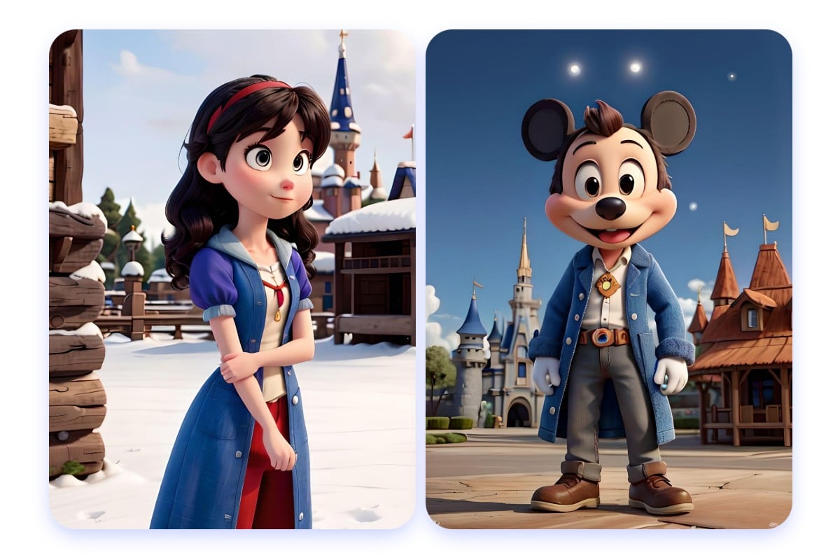 eine Prinzessin und Mickey als Beispiele von KI-OCs für die Disney-Serie