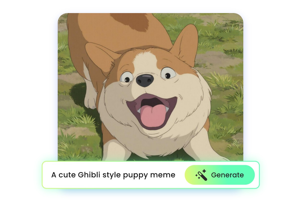 Generate Ghibli style corgi memes by enter text prompt