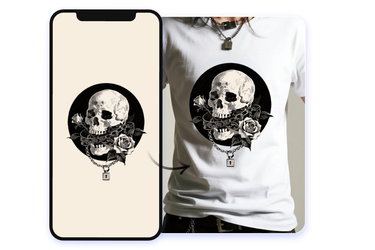 Generate a black skull tee design on the mobile ai shirt design app