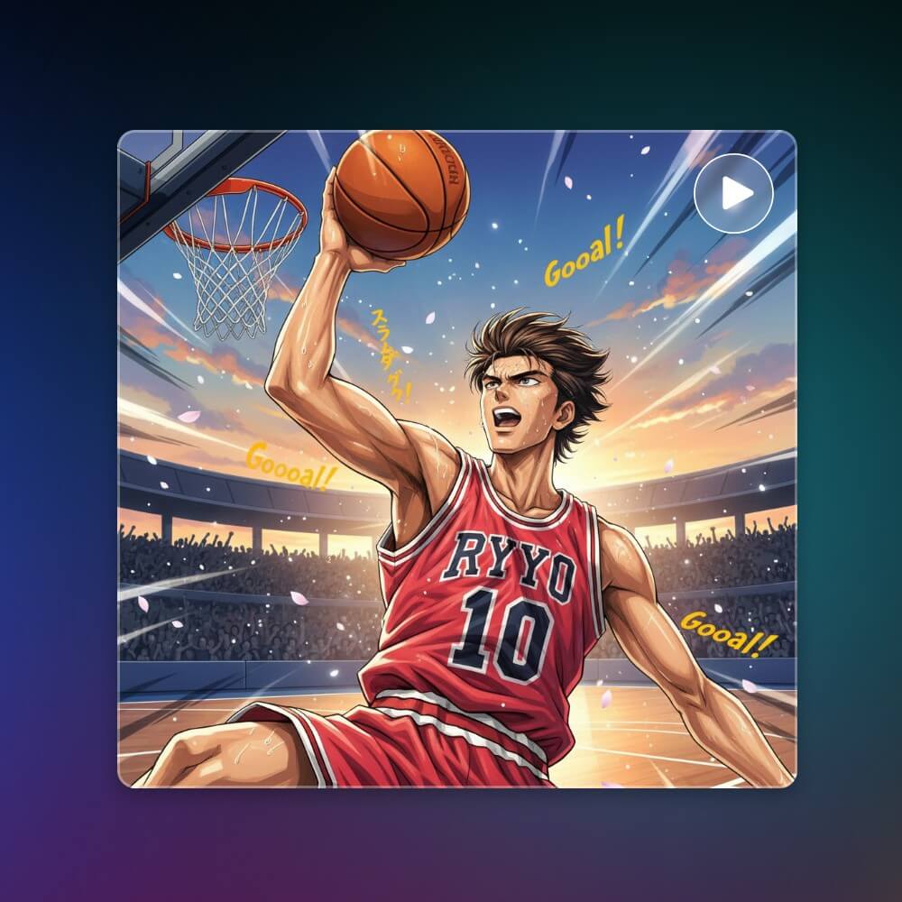 Generate a high energy ai anime video of someone playing basketball