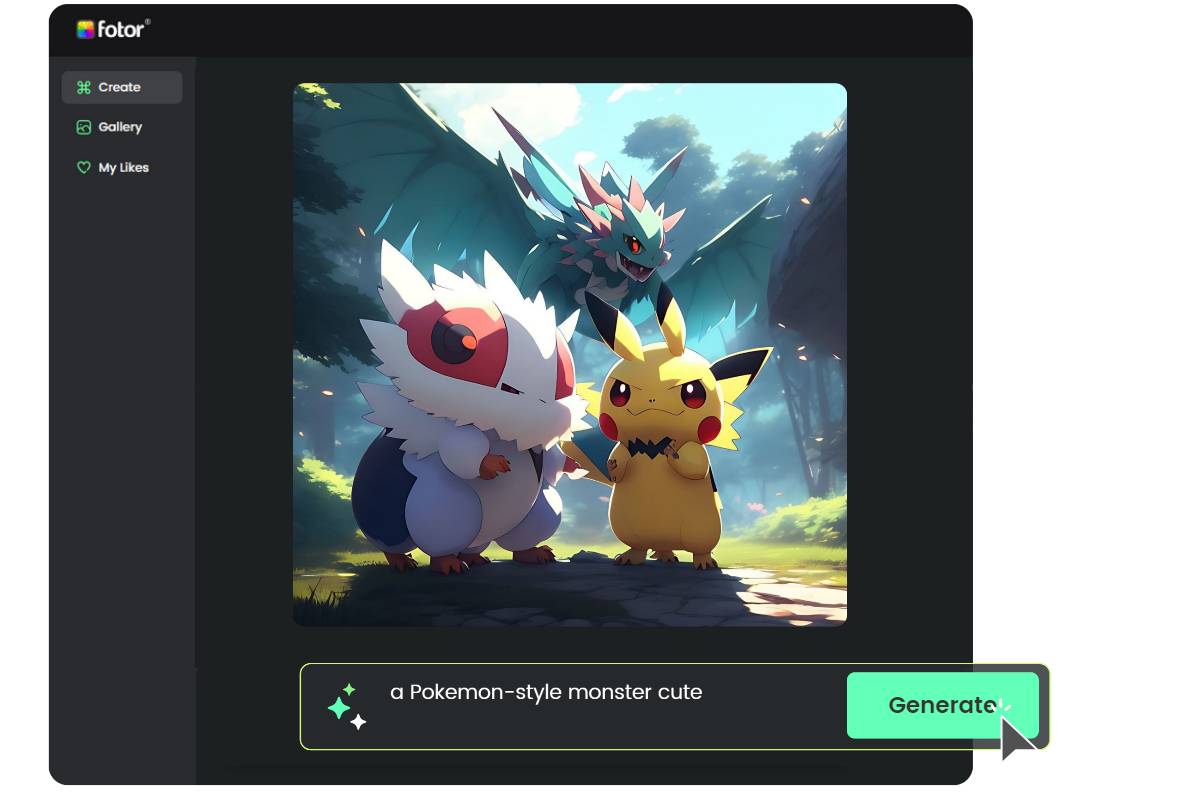 Genere una criatura Pokémon en Fotor AI Generador Pokémon en línea a partir de texto