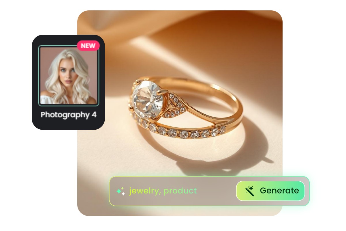 Generate a ring product image from prompt and using the photography 4 style of fotor ai image generator