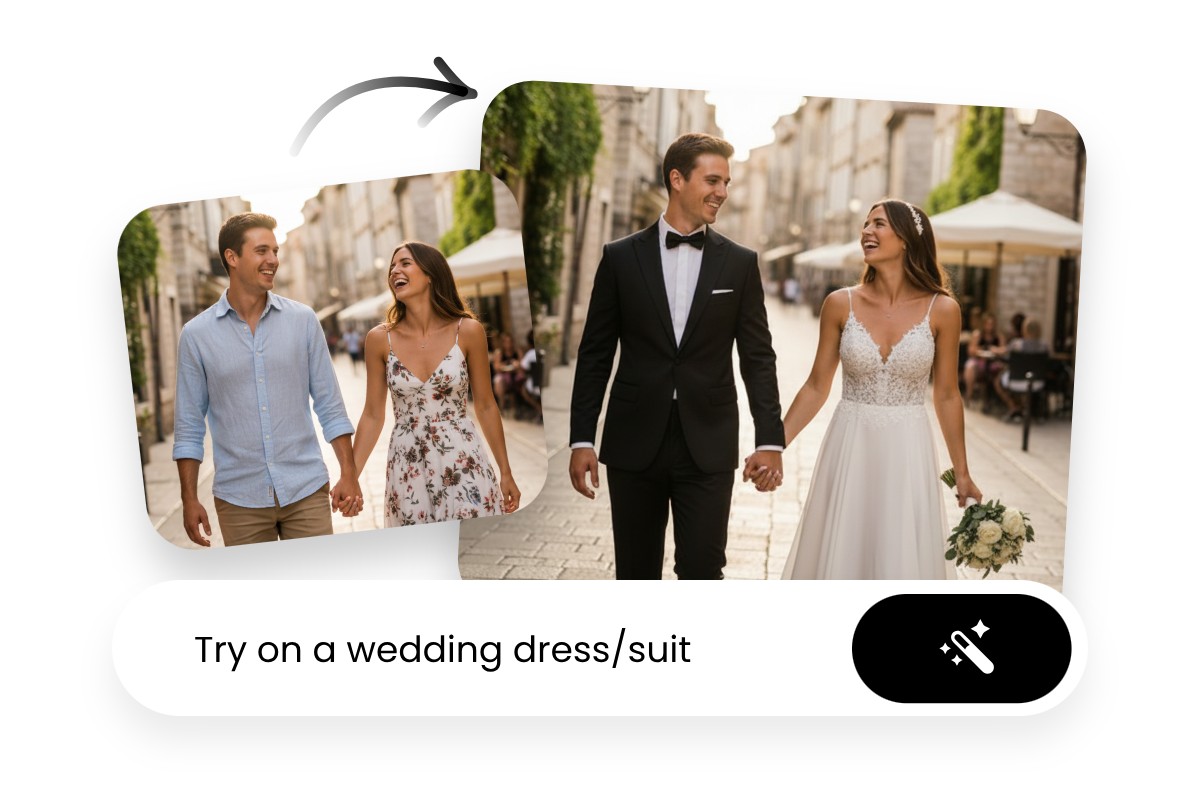Generate ai wedding dress and suits from prompts and let the figures virtually try them on
