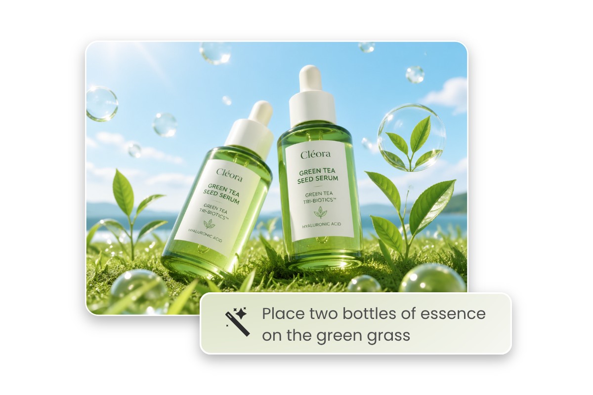 Generate an ai product image of a skincare product on grass from text