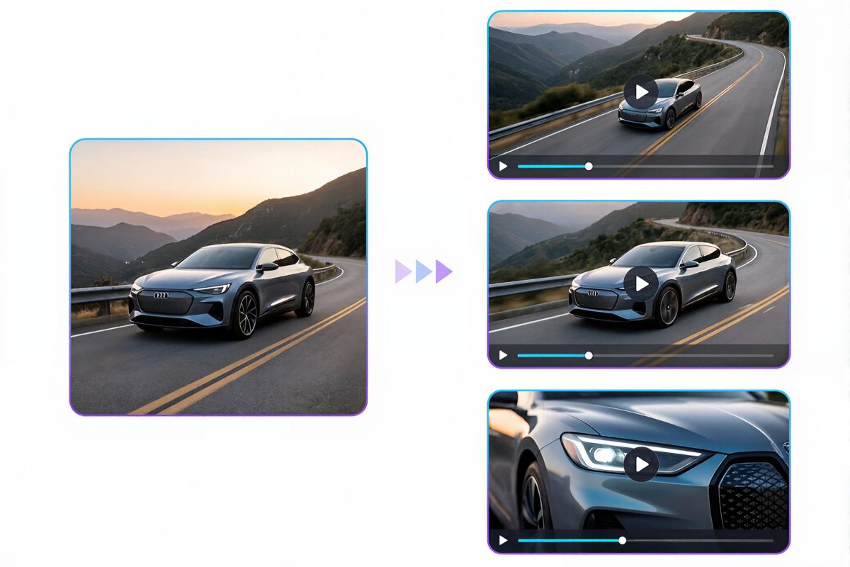 Generate an ai video of a car in different angles
