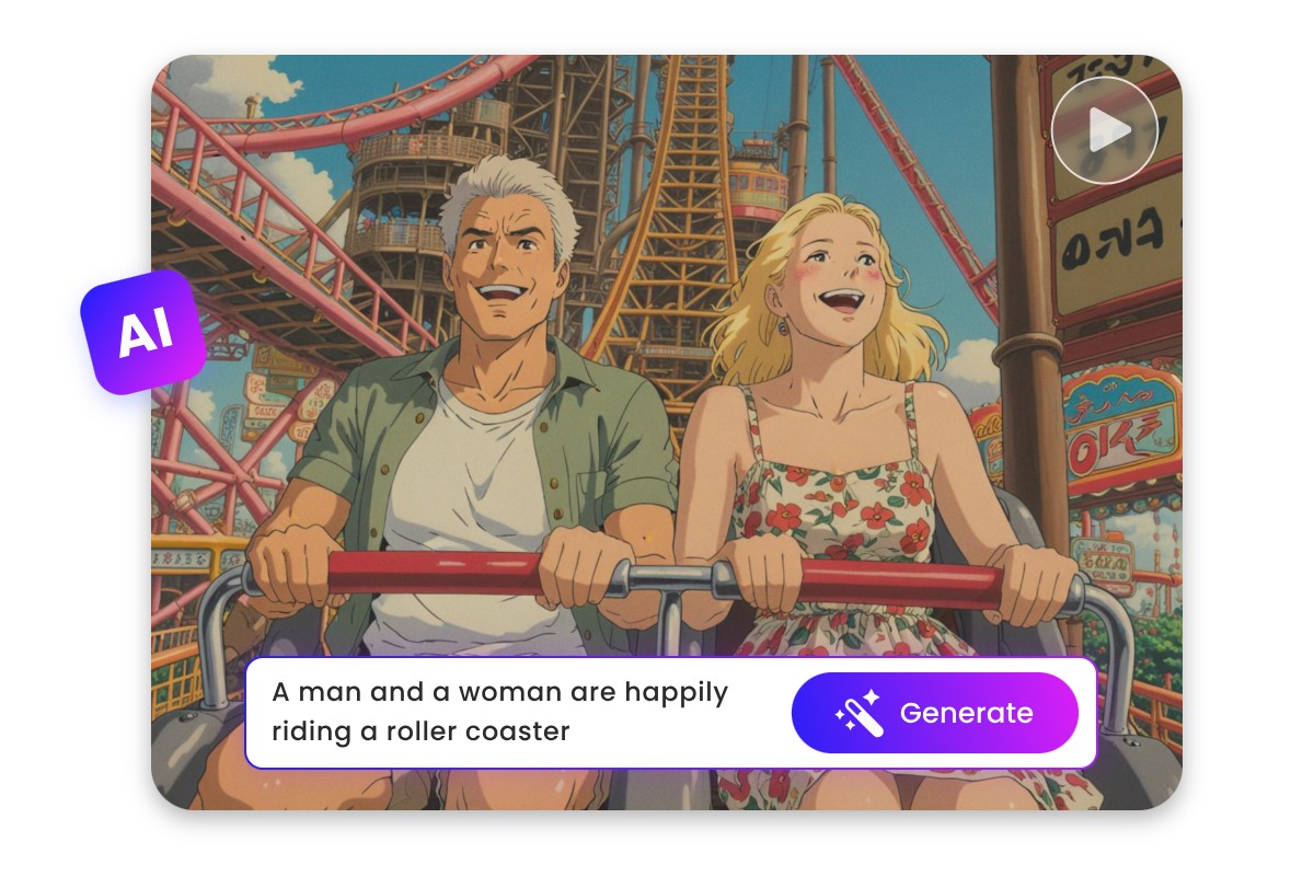 Generate an anime video of a man and a woman riding a roller coaster from text input