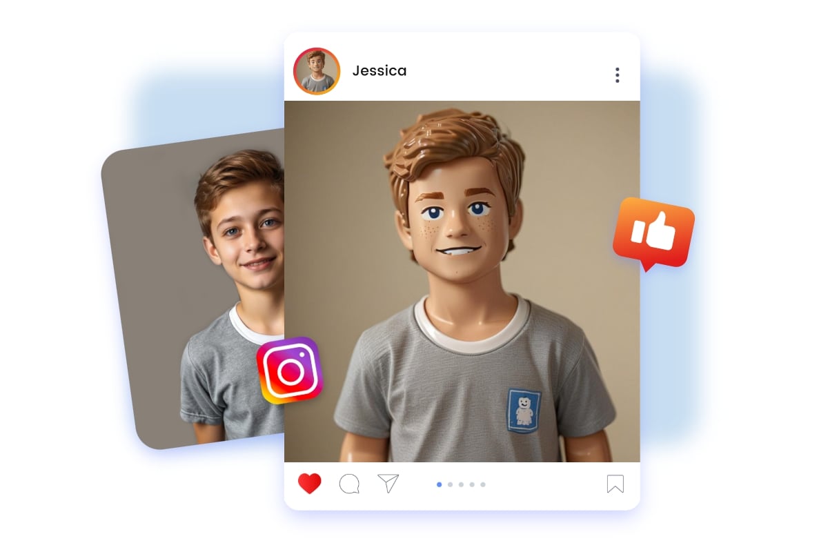 générer un personnage Lego à partir d'une photo d'un garçon en t-shirt gris et le partager sur les réseaux sociaux