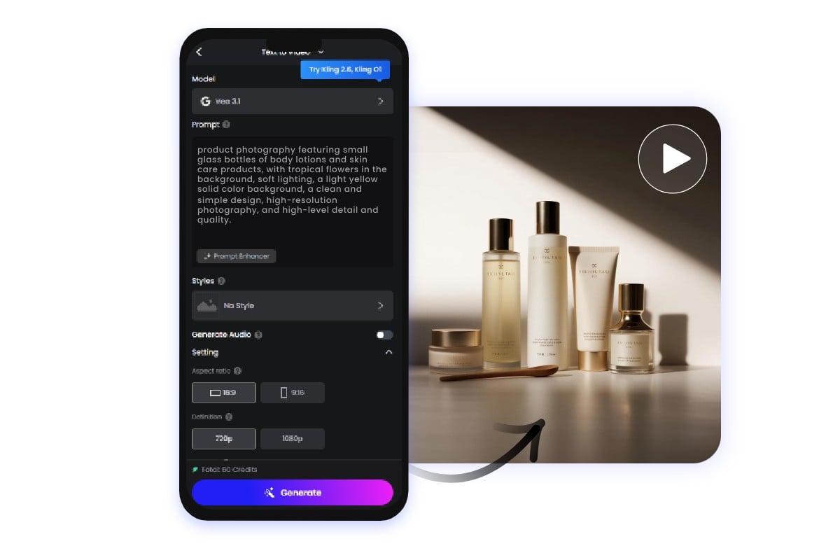 Generate an skincare product video with fotor ai product video generator app