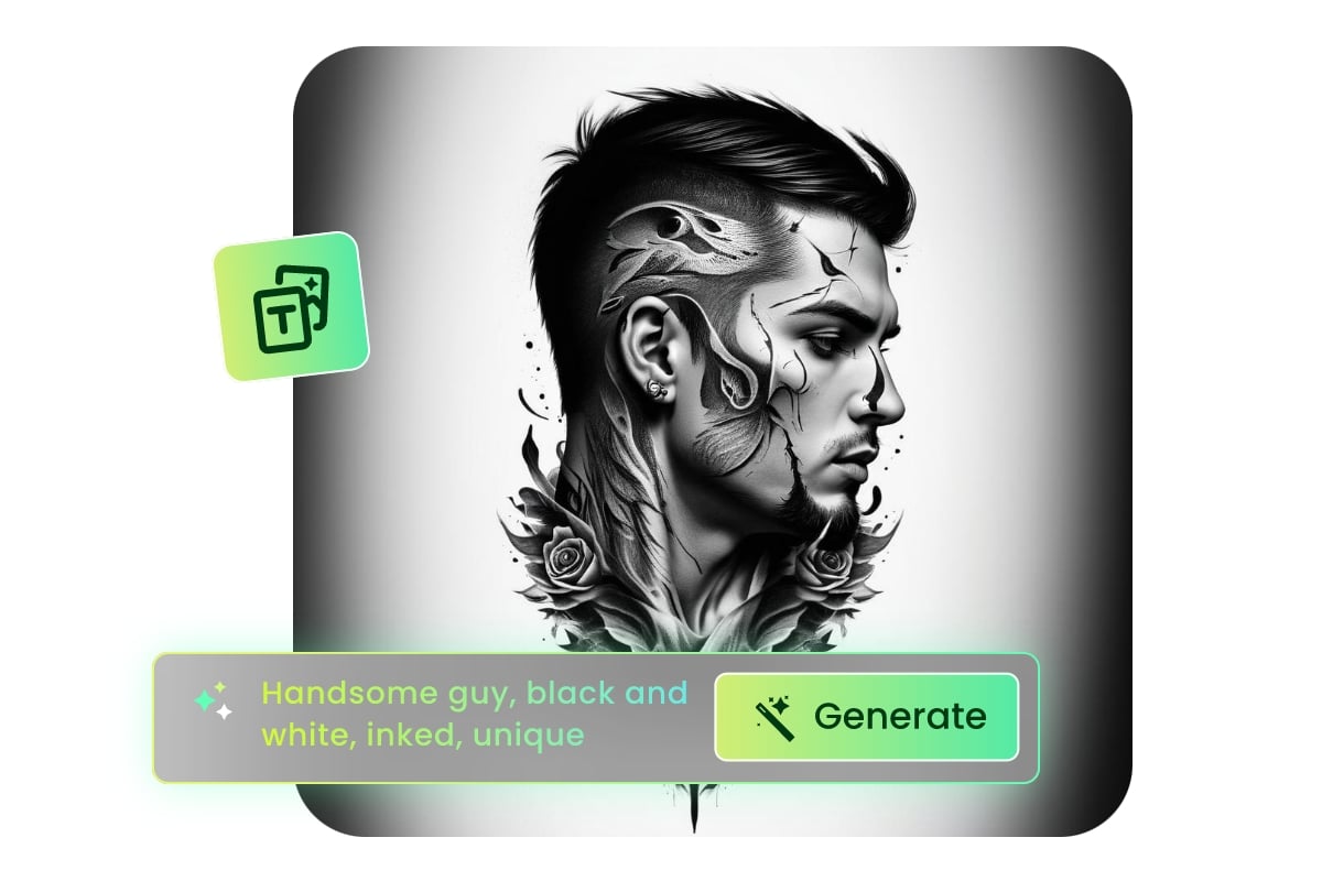 Generate black and white man portrait tattoo from text with fotor