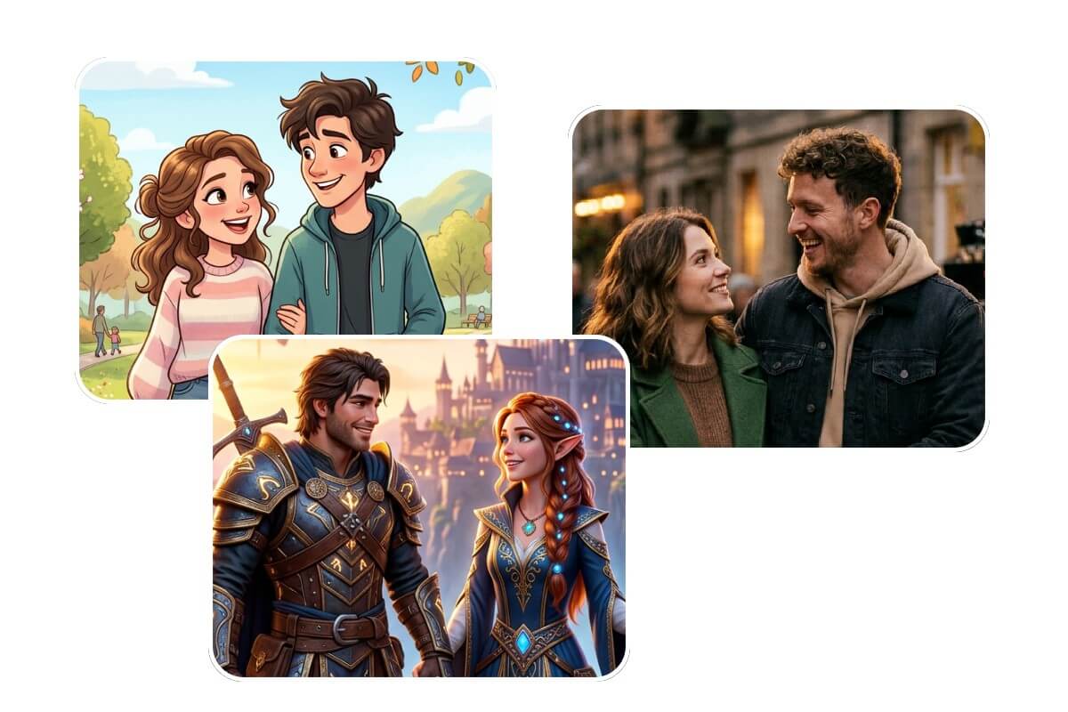 Generate different ai couple photos using images of various types and styles