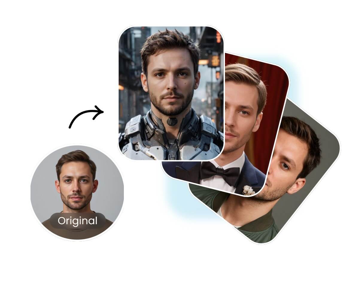 Generate different styles of ai profile picture from a photo of a male face