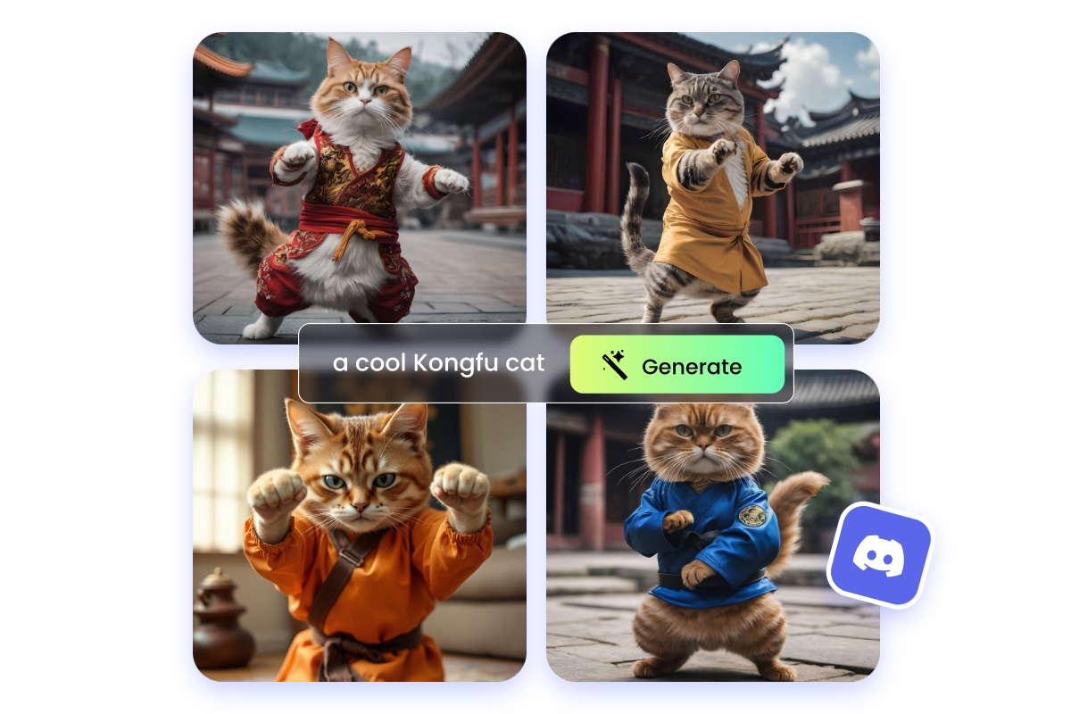 Generate four discord emojis of a kung fu cat with ai