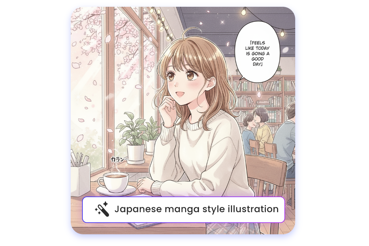 Generate japanese manga from text with a girl smiling