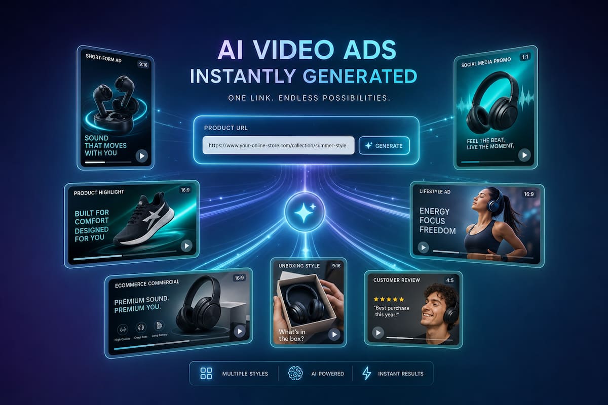 Generate multiple different advertisement videos from a single product link for advertising campaigns and ad distribution