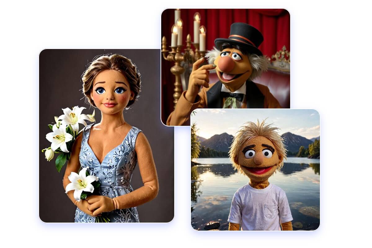 Generate muppet characters with distinctly different genders and appearances