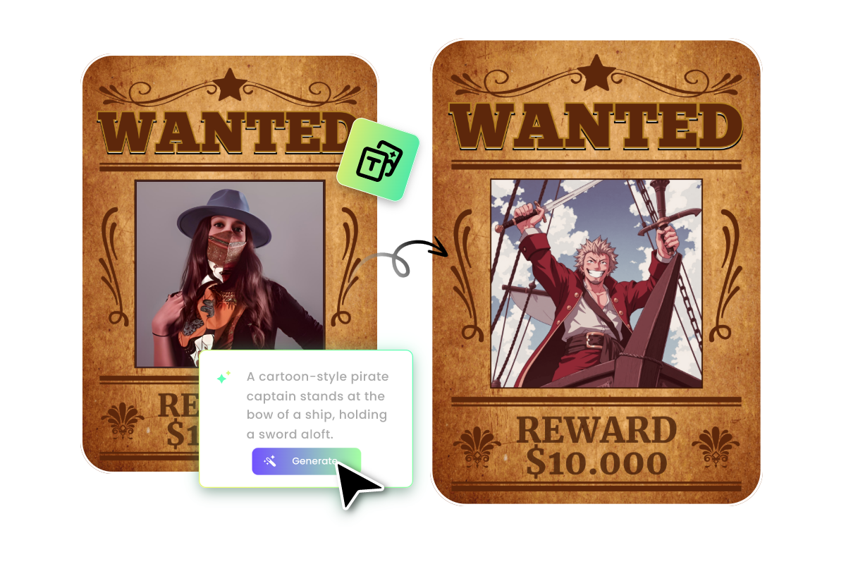 Generate one piece style images to recreate wanted poster template in fotor