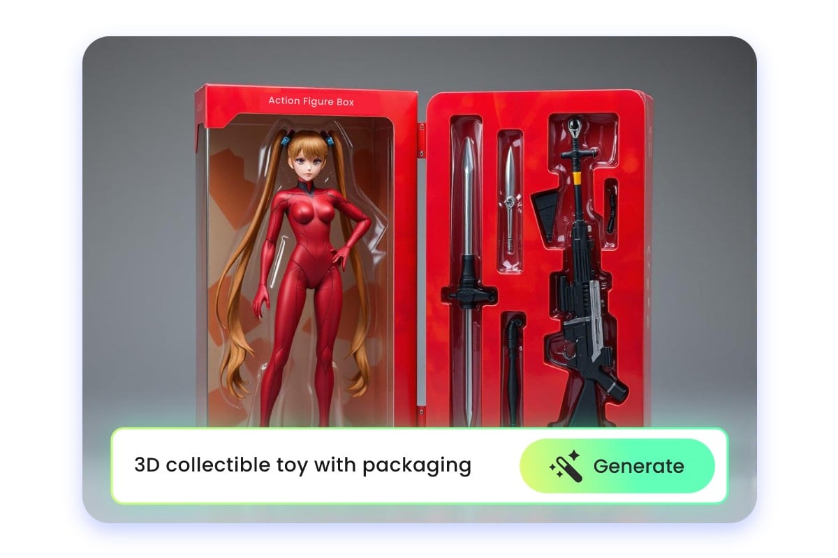 Erstellen Sie personalisierte 3D-Karton-Actionfiguren in Blisterpackungen mit Zubehör aus Text