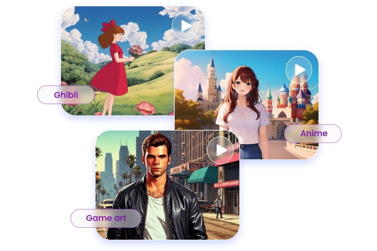 Generate three different anime or cartoon style ai videos in fotor