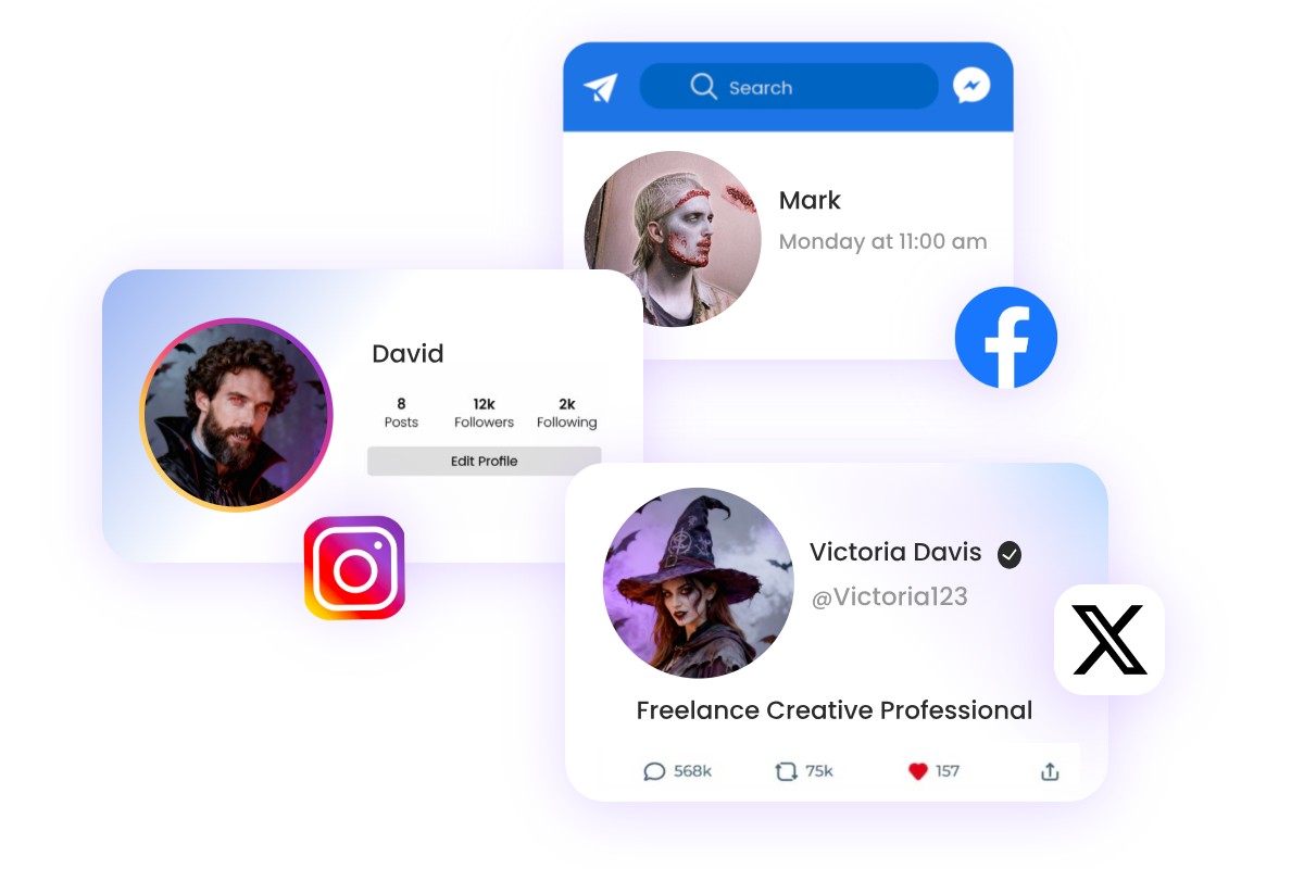 Generate three halloween portrait photos and use them as halloween pfps