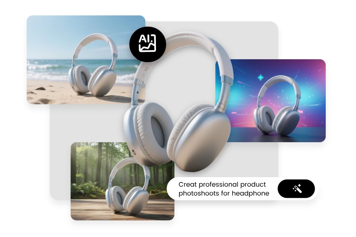 Generate three photoshoots for the headphone with fotor ai product photography generator