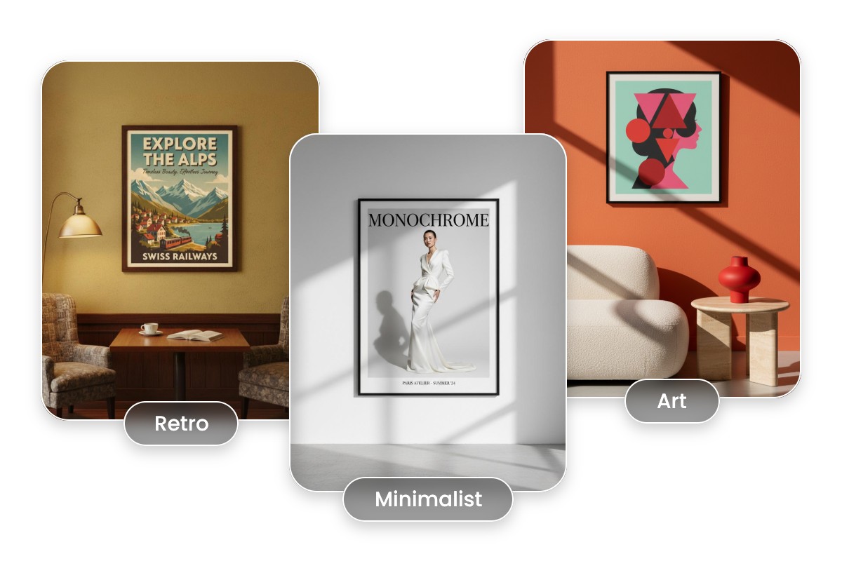 Generate three poster mockups in diverse styles