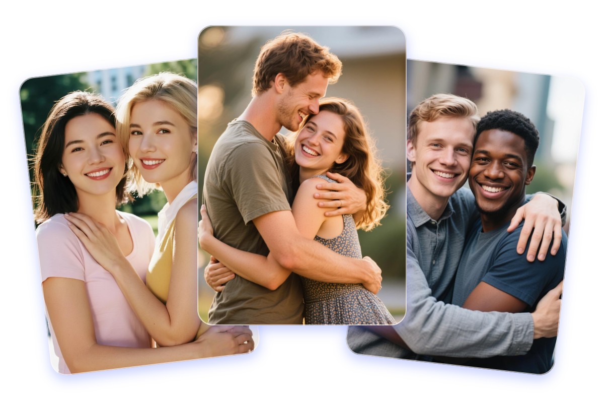 Générer une vidéo où des couples de différents genres se tiennent dans les bras