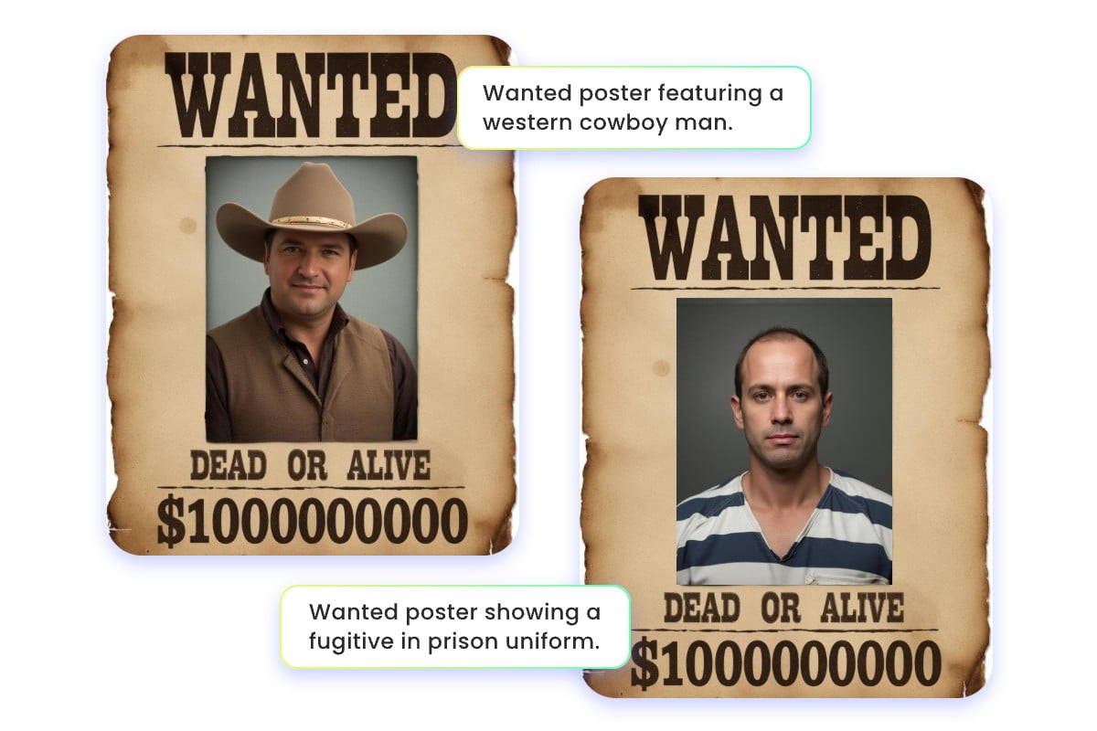 Créer des affiches d'avis de recherche d'un cowboy et d'un hors-la-loi à partir de texte avec le générateur d'affiches wanted de Fotor