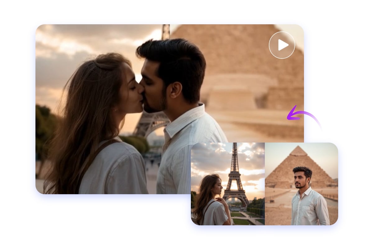 ピラミッドの前でキスしているカップルをフィーチャーしたリアルな AI キス ビデオを取得します