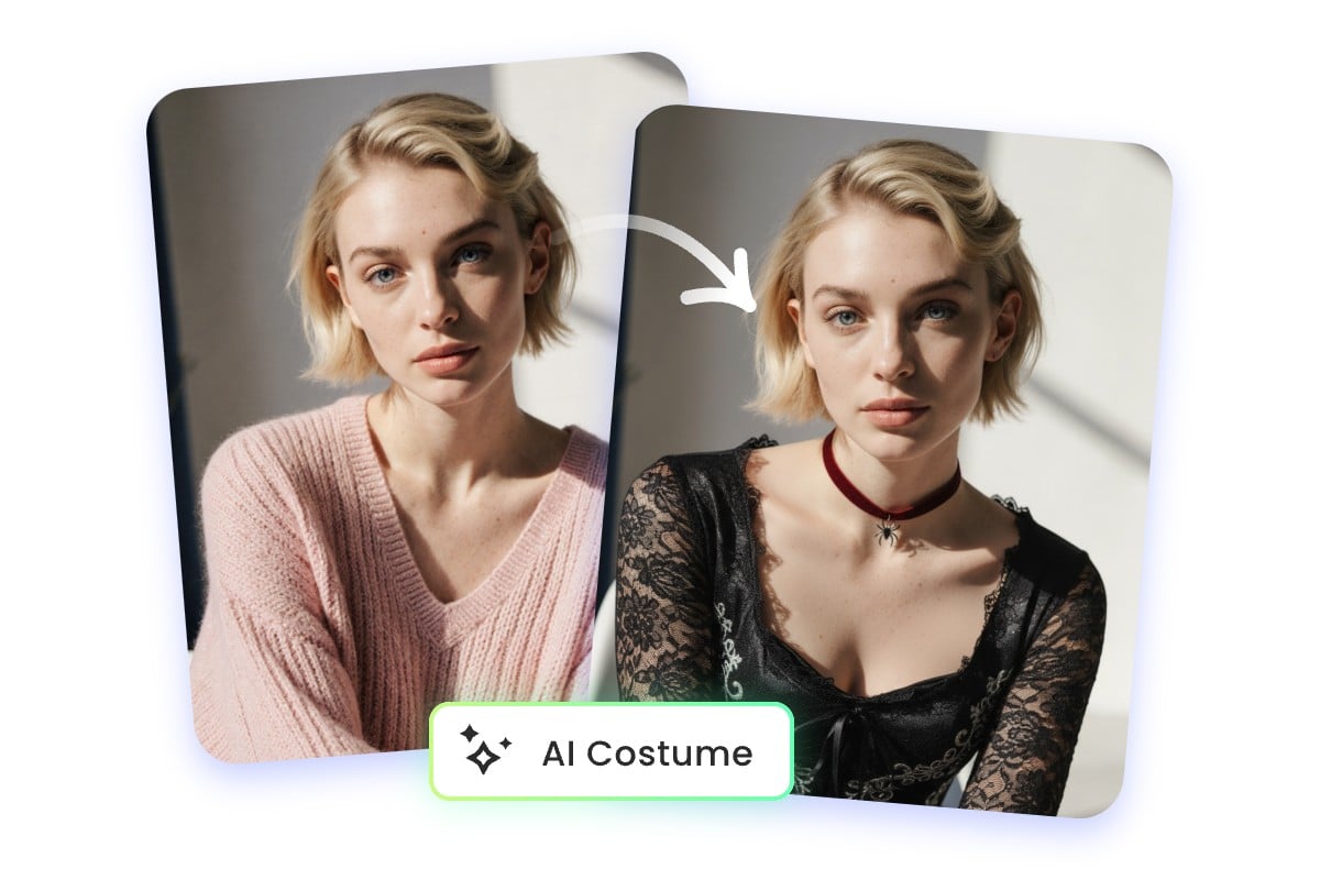 Mit Fotor's KI-Kostüm-Generator ein Foto einer Frau im rosa Pullover mit V-Kragen in ein festliches Kostüm verwandeln