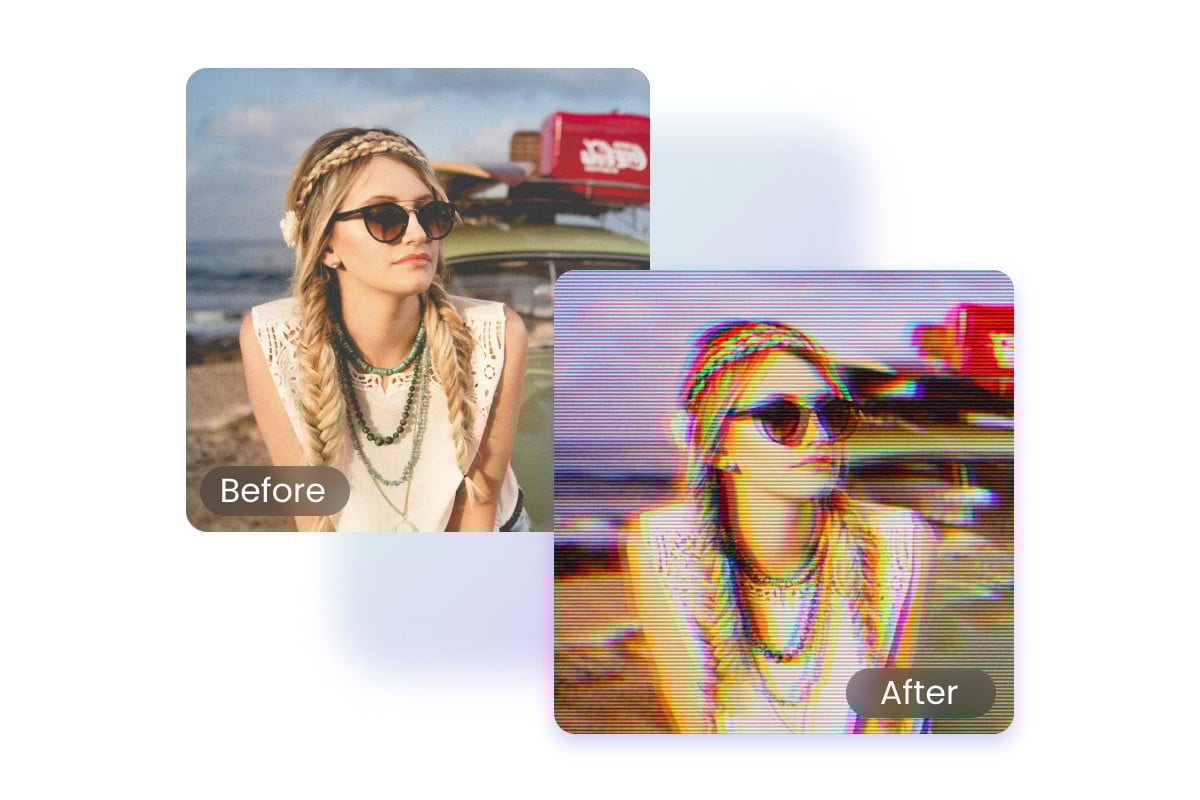 Glitch filter before and after effect for a young lady