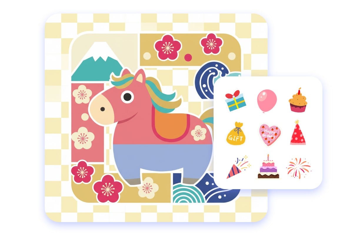 かわいい馬年賀状にお気に入りのステッカーをプラス