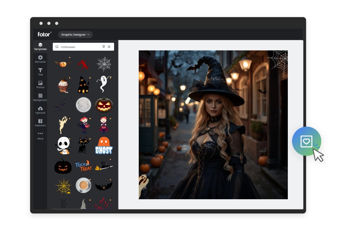 How to use fotor halloween photo editor to edit a halloween photo with a lady in a black halloween gown and hat