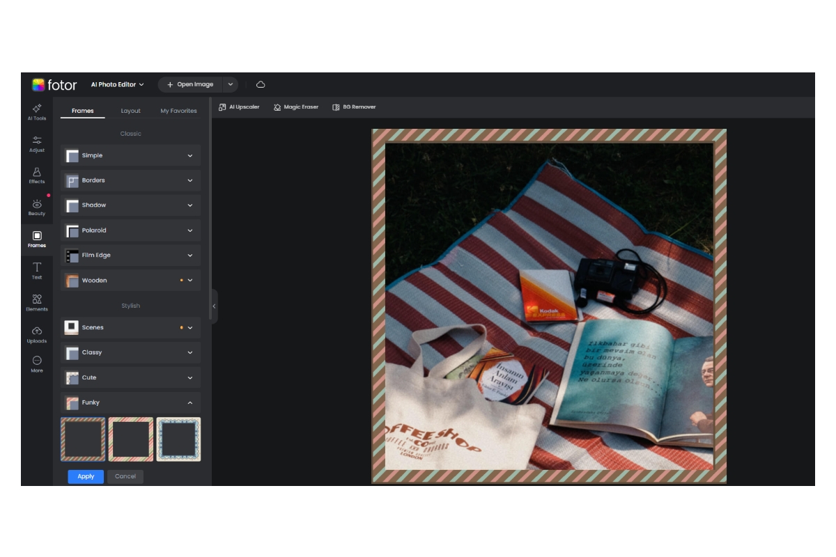 How to use fotor picture border editor to add a funky border to a photo of a picnic view