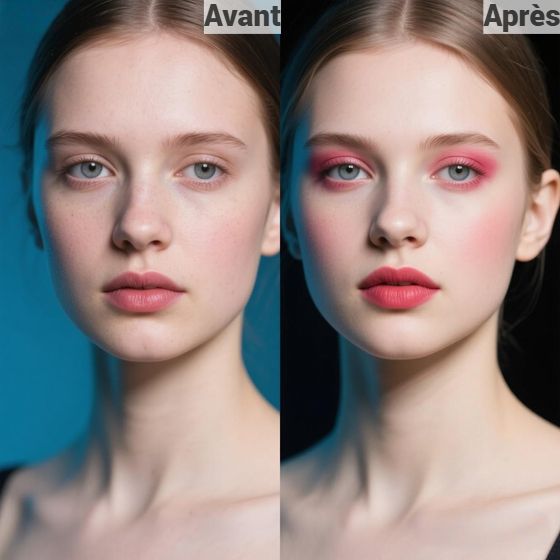 Image de comparaison avant et après lapplication du générateur de maquillage IA