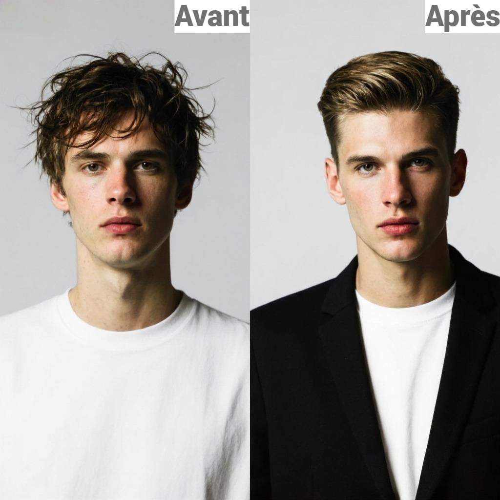 image de comparaison dun homme qui utilise le simulateur coupe de cheveux homme de Fotor