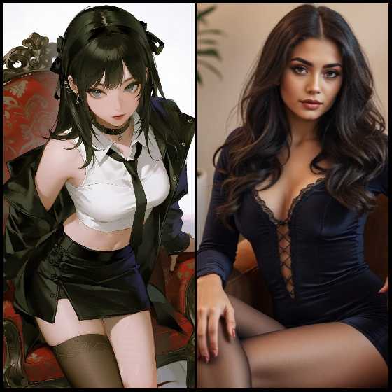 image mettant en scène de deux filles sexy IA aux styles danime et réaliste
