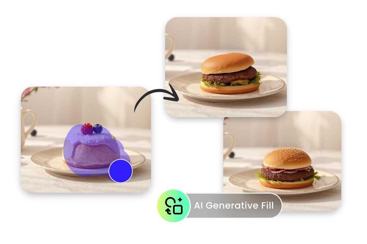 Instant AI generative fill featuring replacing a cake by inpainting a hamburger