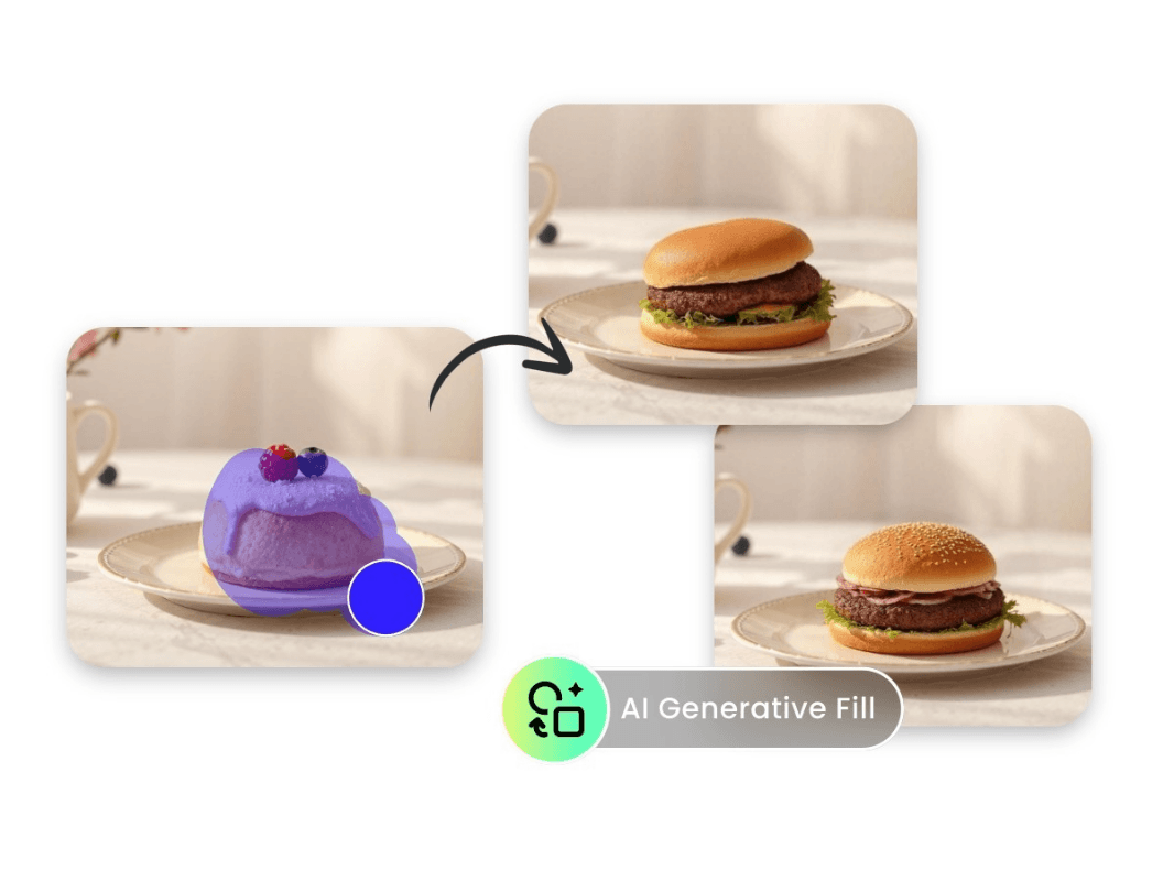 Instant AI generative fill featuring replacing a cake by inpainting a hamburger