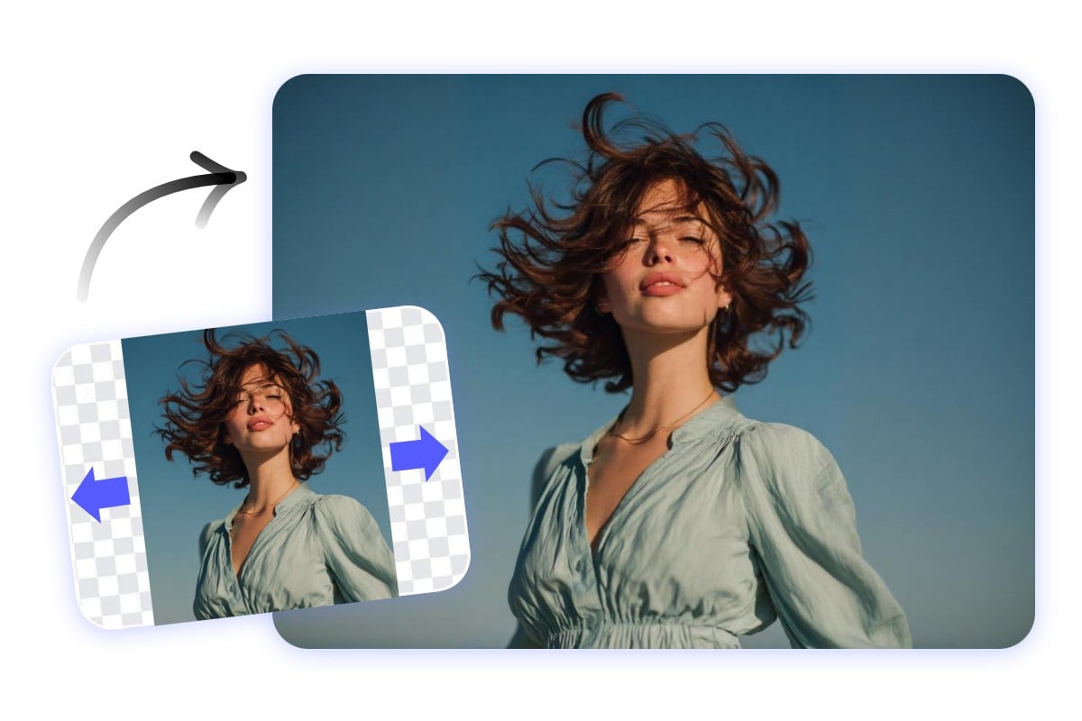 Instant and easy AI image background extender before and after comparison for a woman portrait