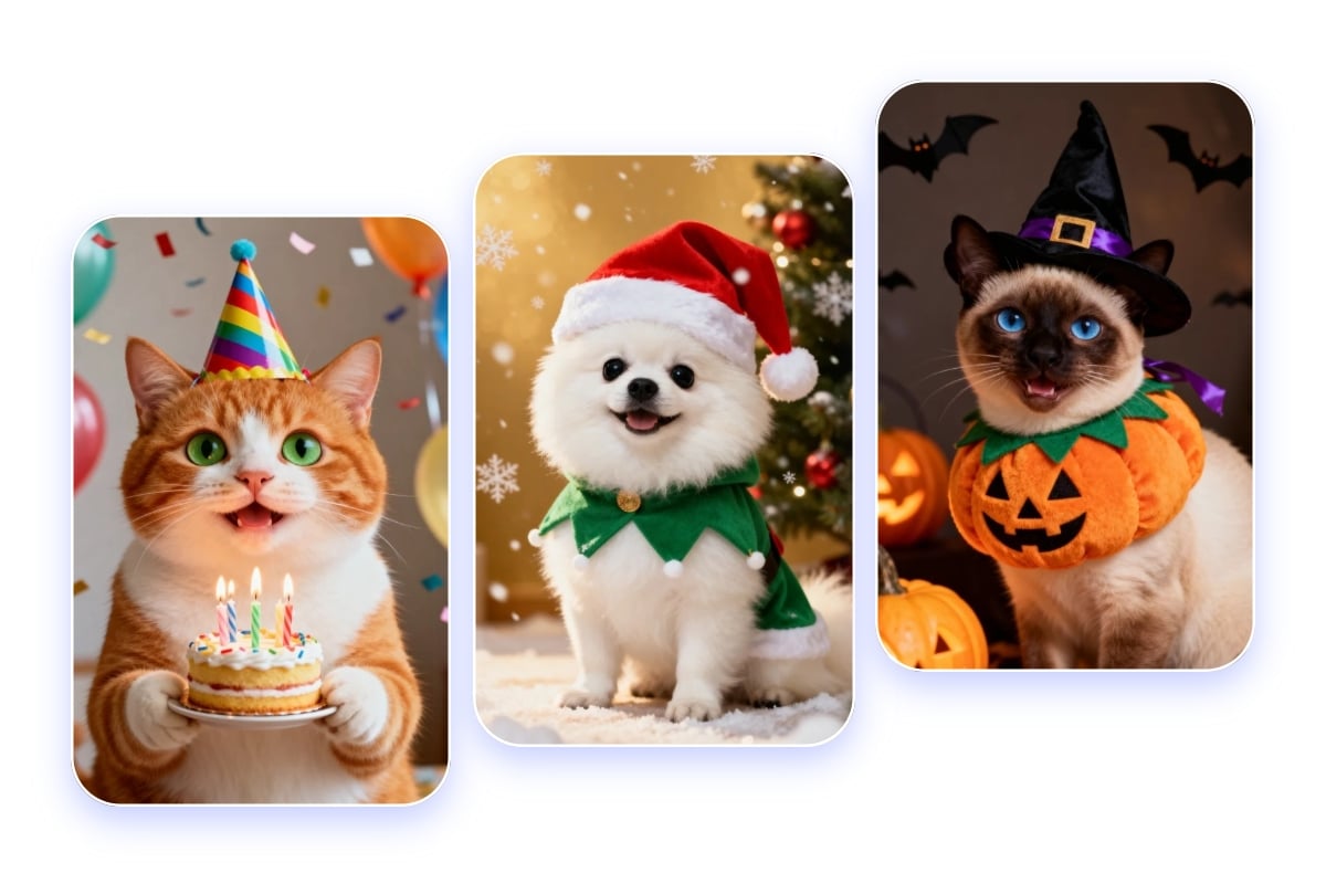 Make birthday or christmas or halloween themed picutres for cute pets