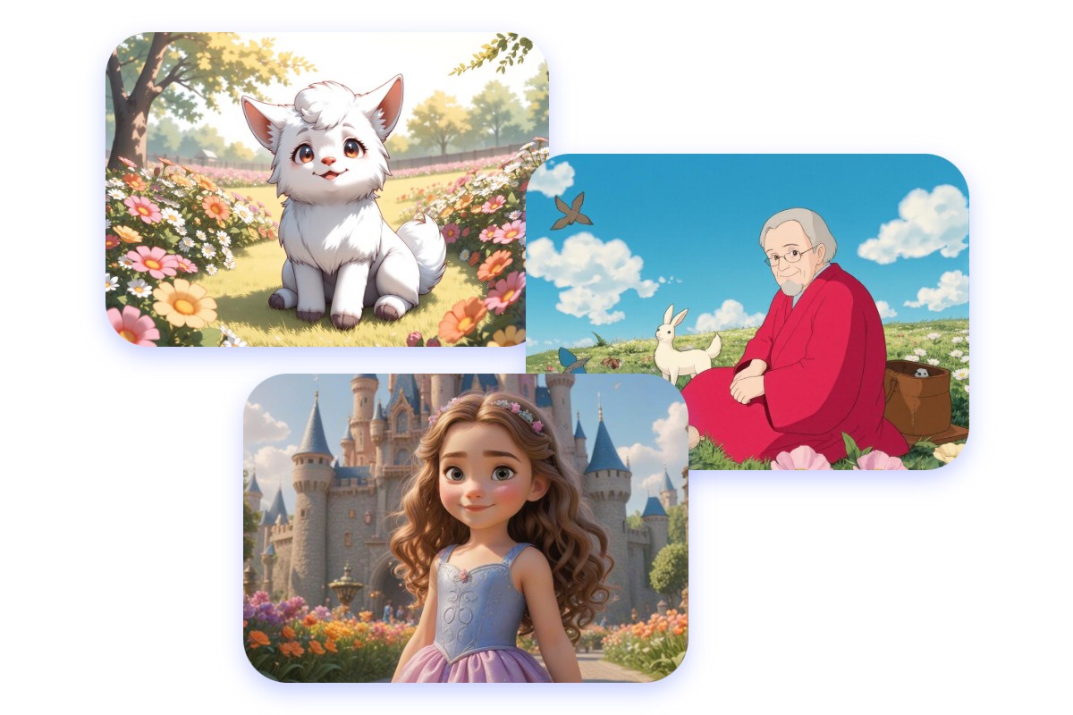Make three different styles characters like anime ghibli and disney
