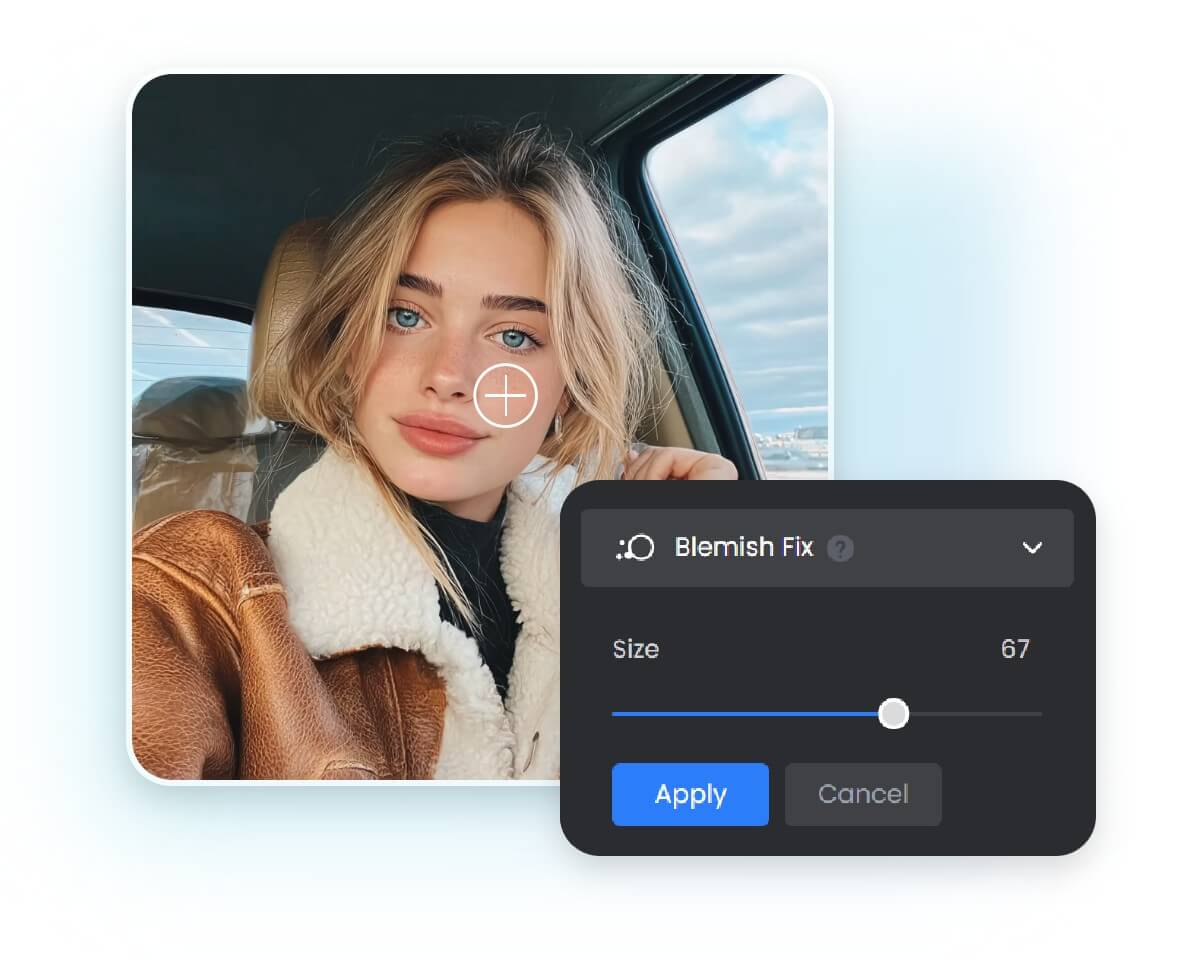 Manually remove facial blemishes from a womans photo using the blemish fix tool