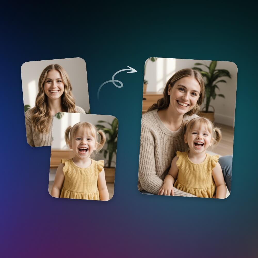 Merge a photo of a woman and a child into one group photo