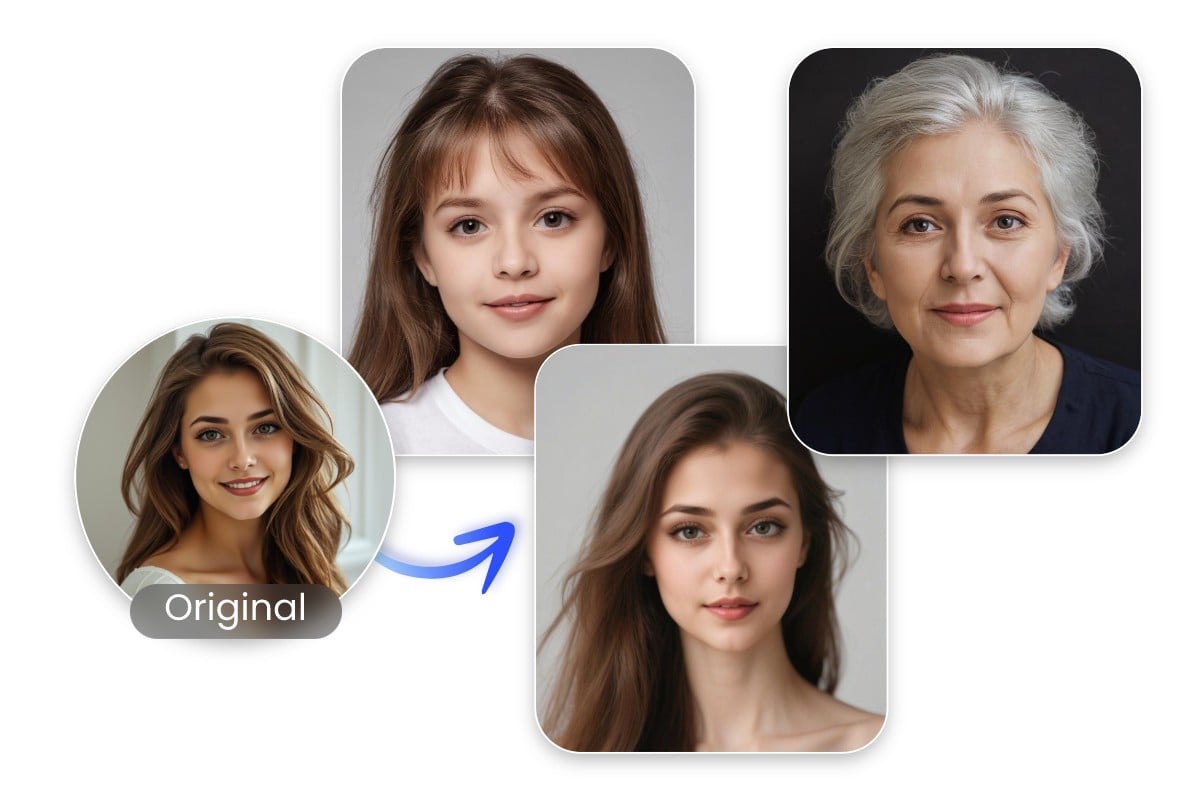 Merge the face of a woman with faces of different ages using ai face morph